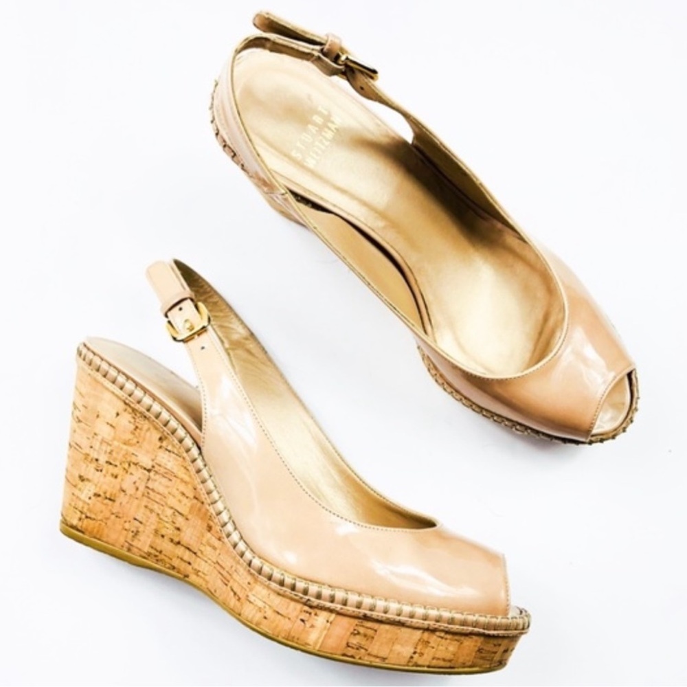 STUART WEITZMAN - Nude Patent Jean Wedge Heels